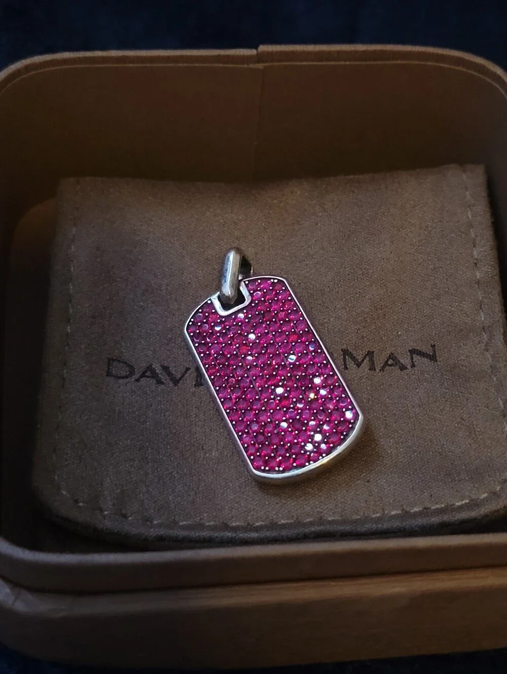 David Yurman Ruby Stone 925 Sterling Silver Dog Tag Pendant Chevron Collection